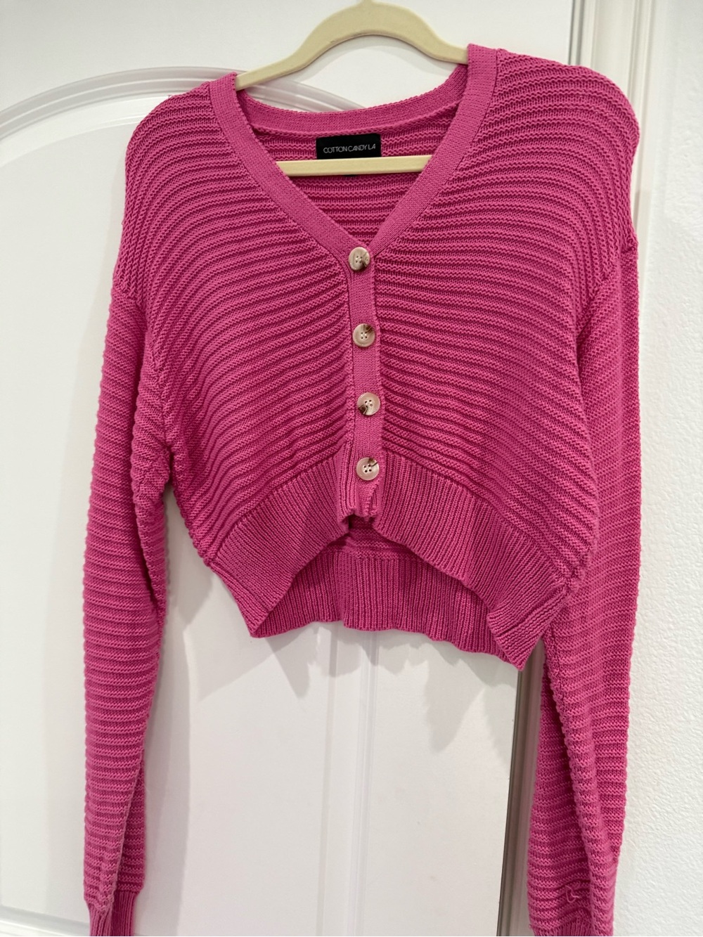 Cotton Candy Bright Pink Ribbed Button-Up Cardigan